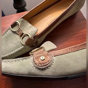 Cole Haan square toe sage green loafers with bronze piping and gold buckles